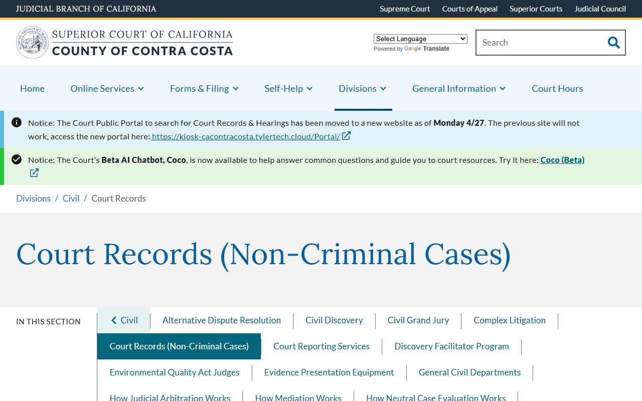 Contra Costa County Court Records page
