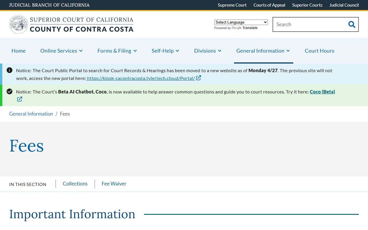 Contra Costa County court fees page