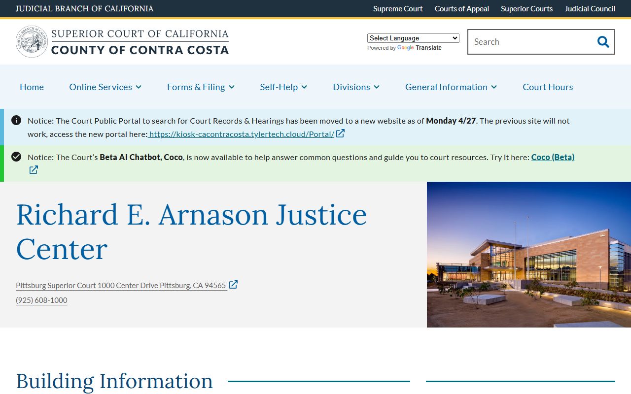 Contra Costa County Clerk of the Superior Court Richard E. Arnason Justice Center