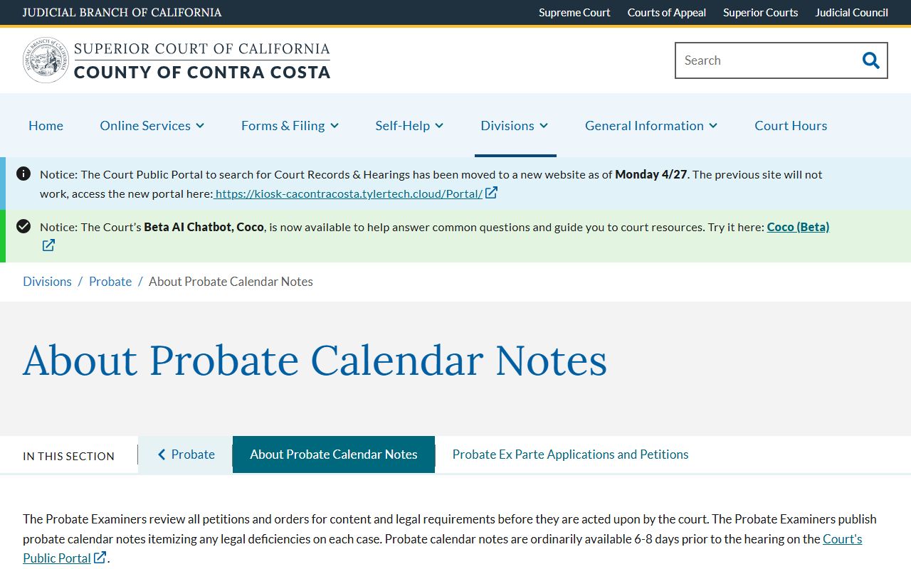 Contra Costa County court dockets probate calendar notes