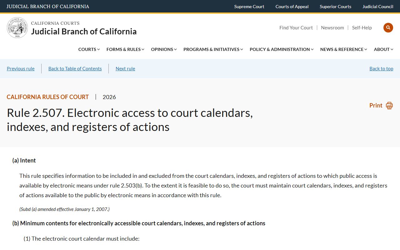 Contra Costa County court dockets electronic calendars and registers rule