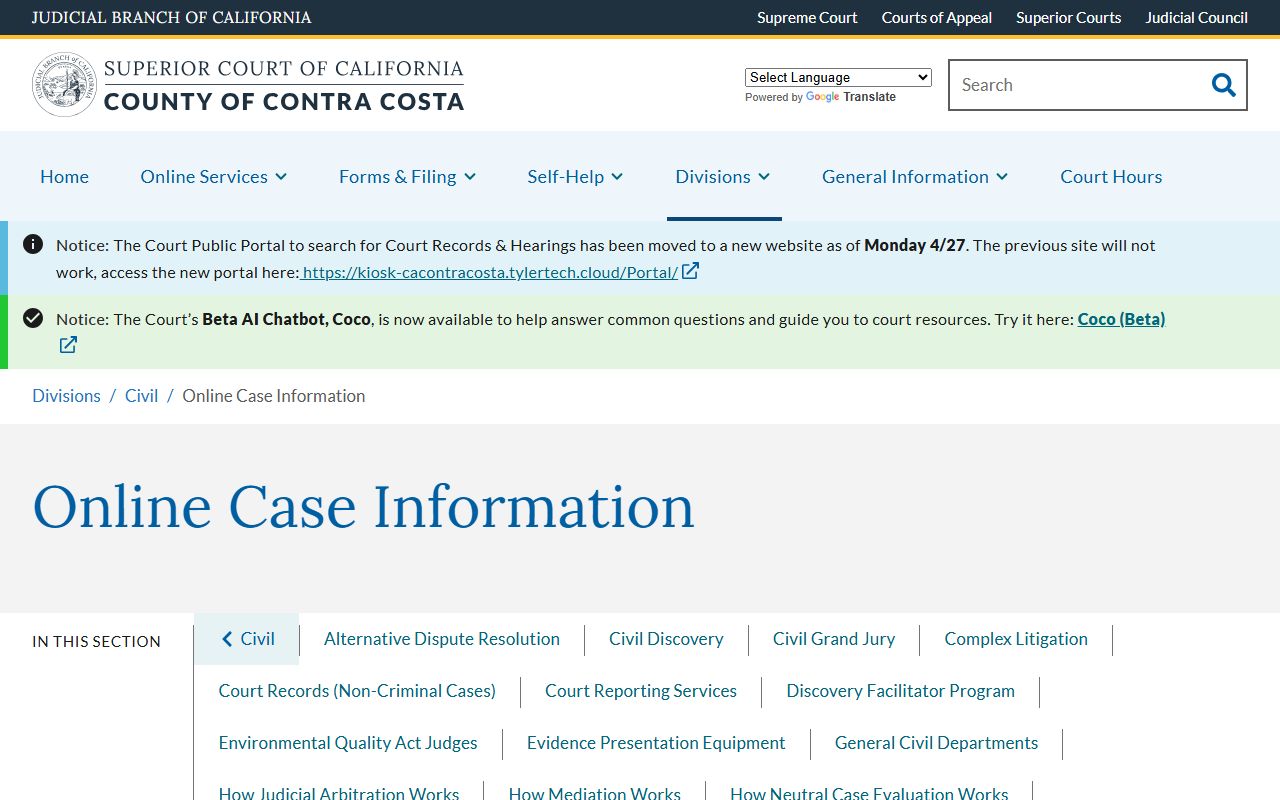 Contra Costa County court records civil online case information
