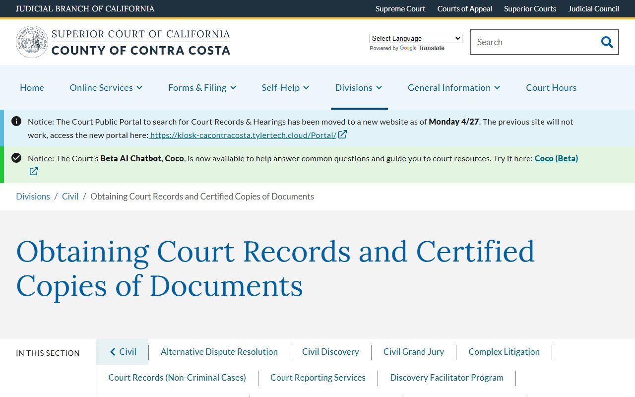 Contra Costa County court records obtaining certified copies