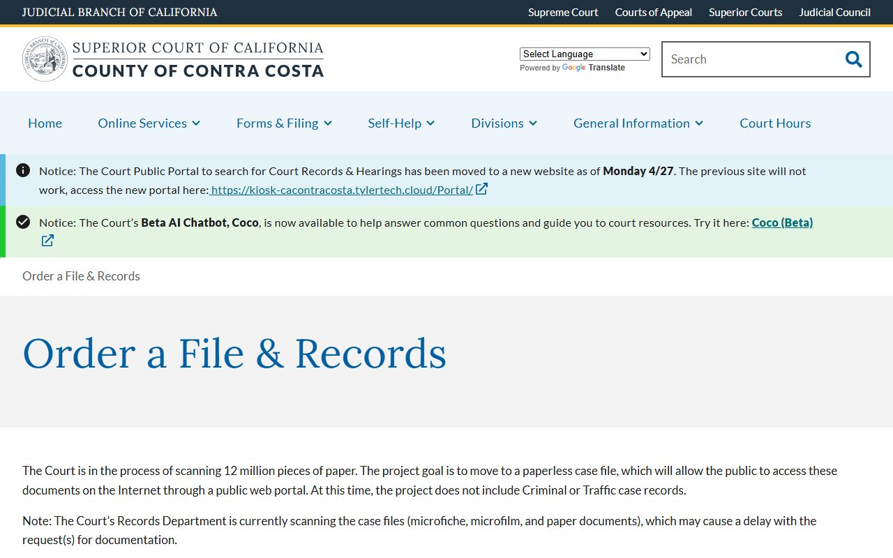 Contra Costa County court records order a file request