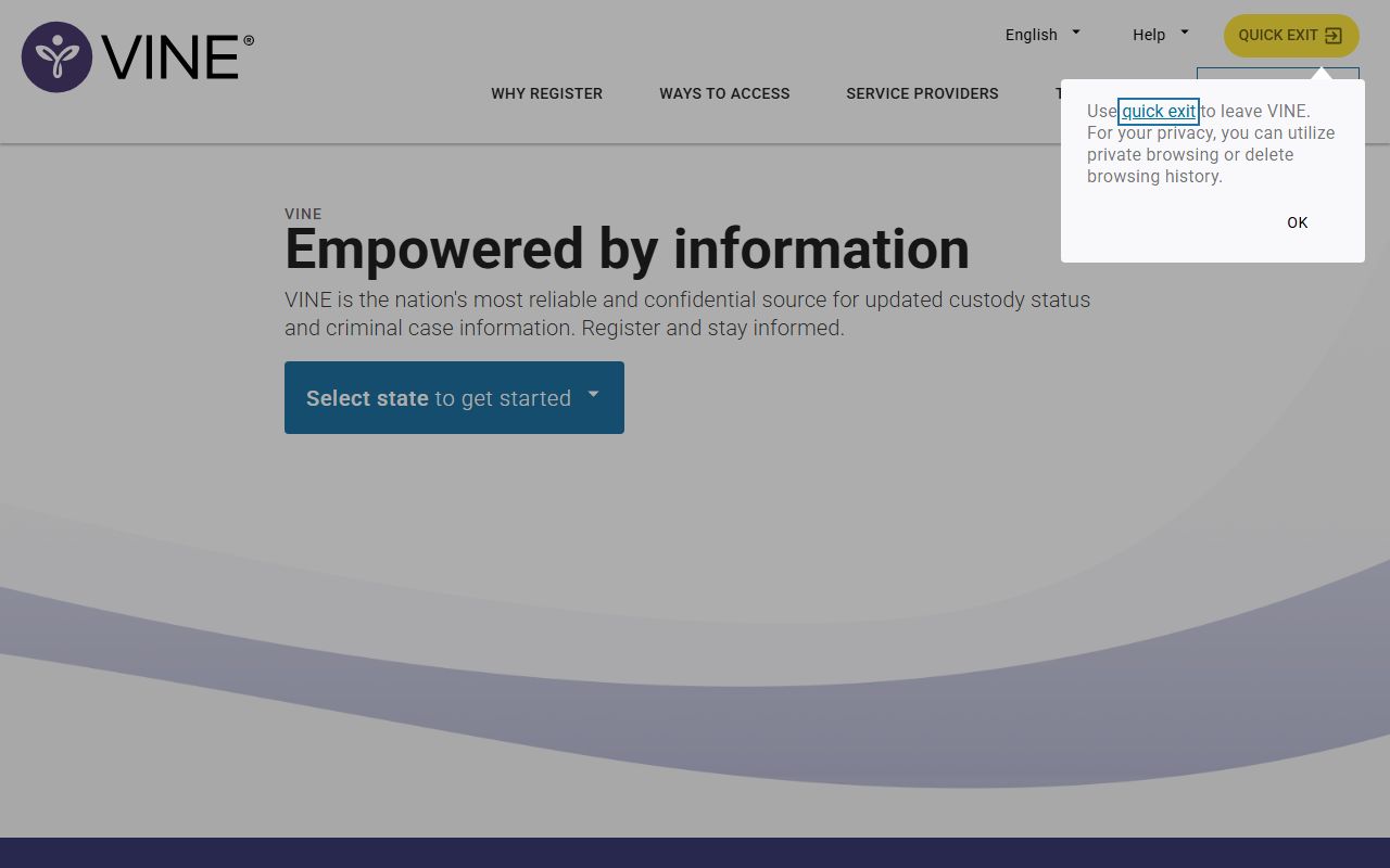 VINELink homepage used for Contra Costa County released inmate alerts