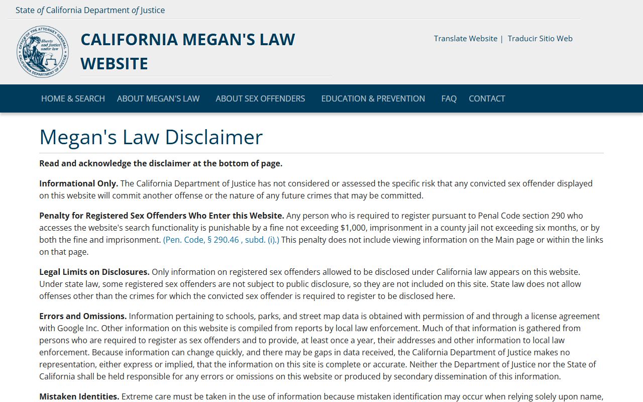 California Megan's Law site used for Contra Costa County sex offender registry lookups