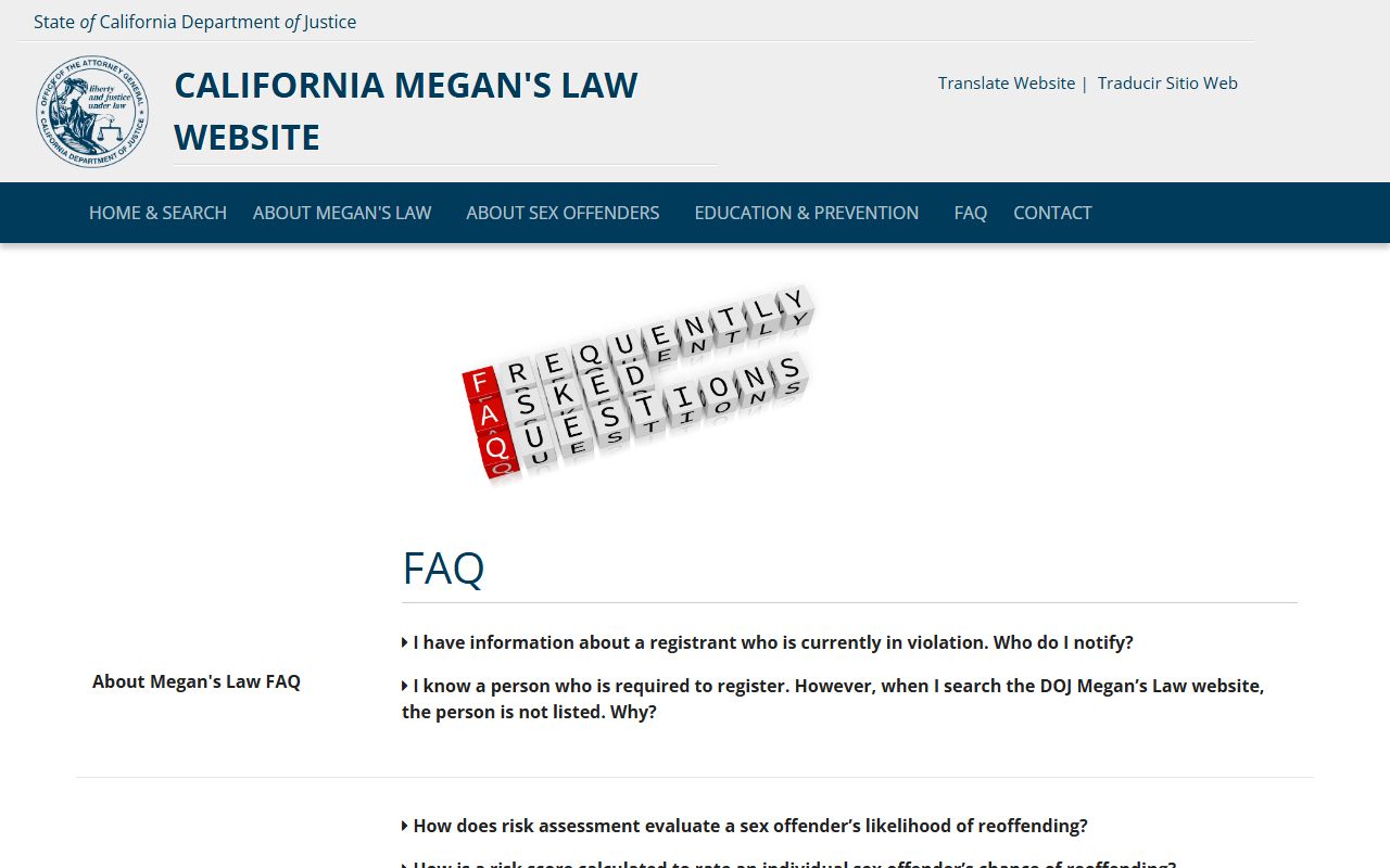 California Megan's Law FAQ for Contra Costa County released inmate sex offender lookup